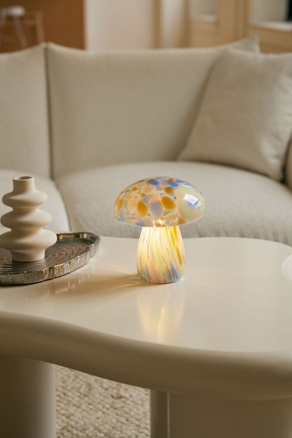 Portable Tall Close Top Glass Mushroom Lamp, Kaleidoscope