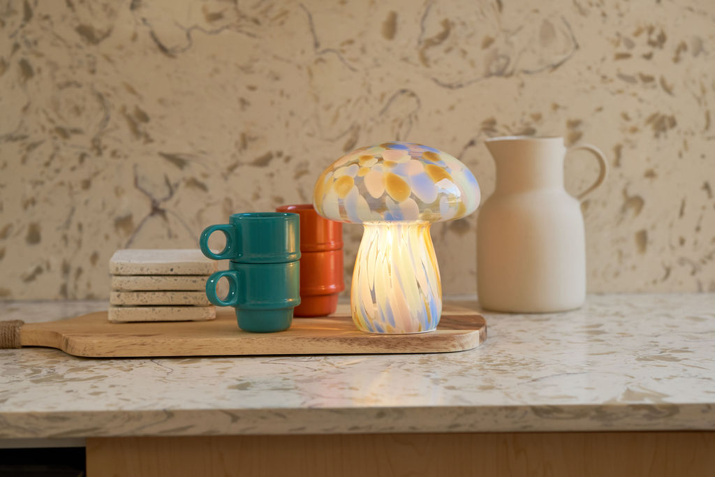 Portable Tall Close Top Glass Mushroom Lamp, Kaleidoscope