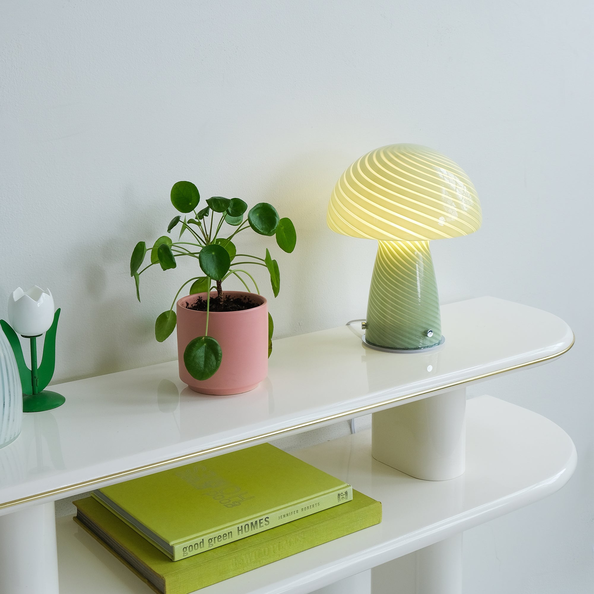 Glass Mushroom Table Lamp, Large Close Top, Jade Green