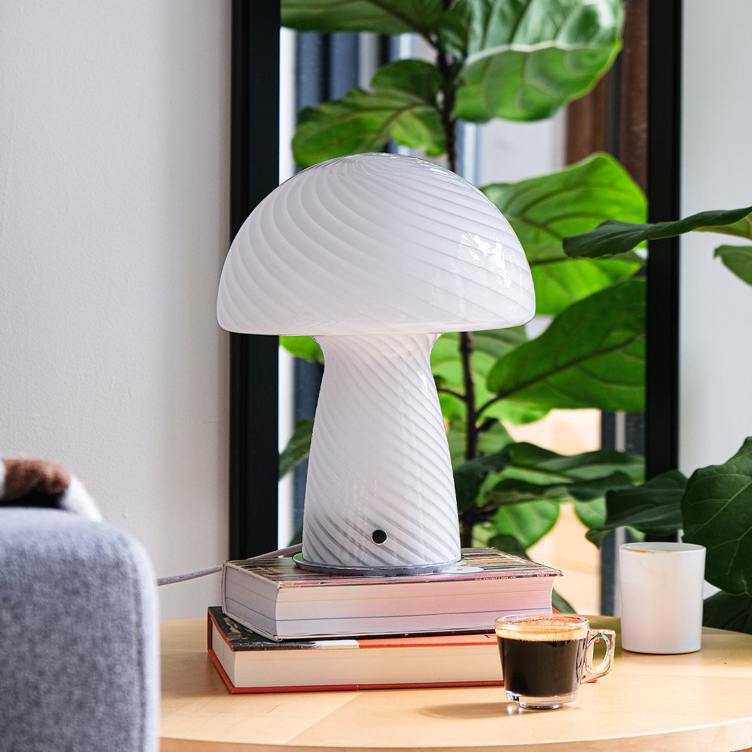 Glass Mushroom Table Lamp, Large Close Top, White Stripe