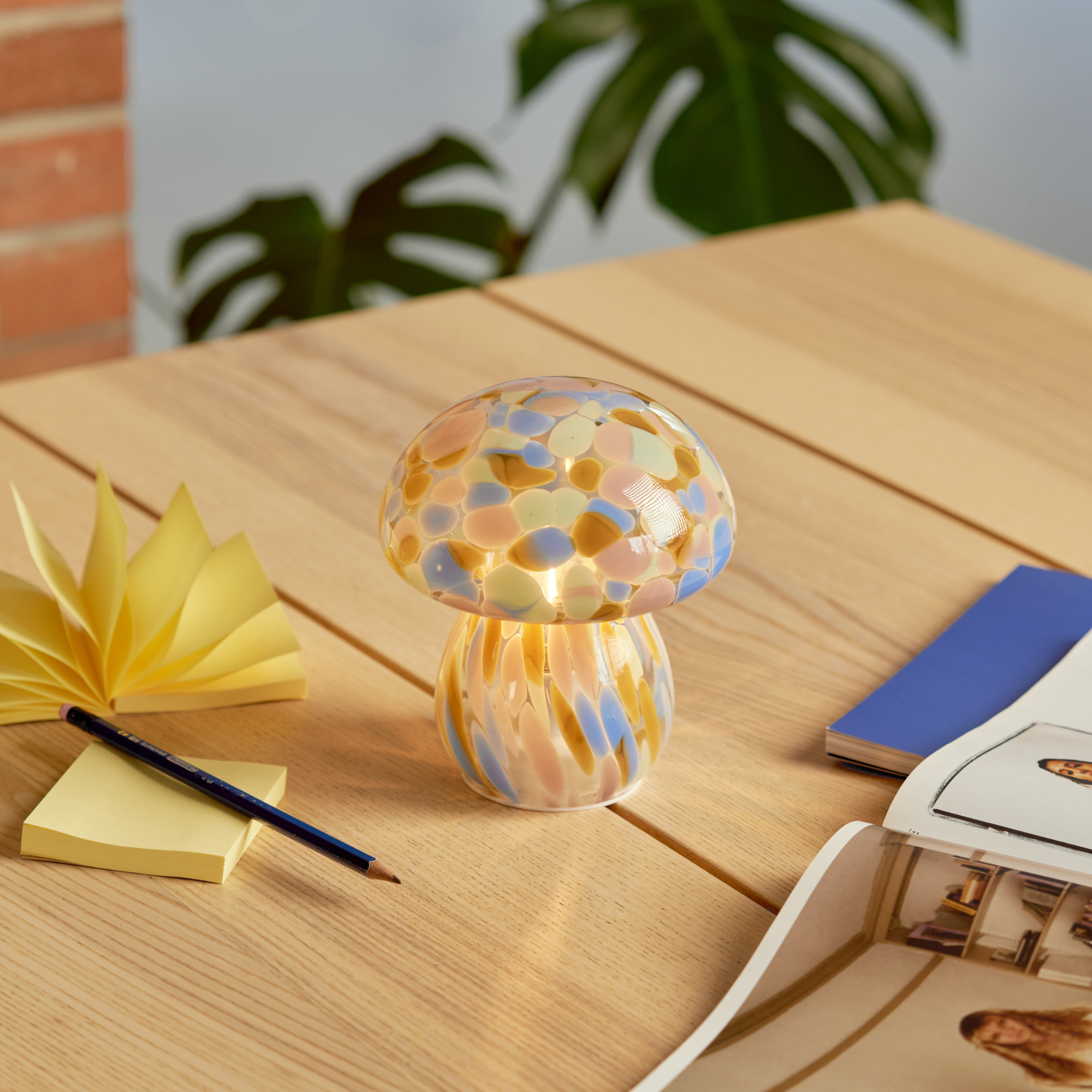 Portable Chubby Close Top Glass Mushroom Lamp, Kaleidoscope
