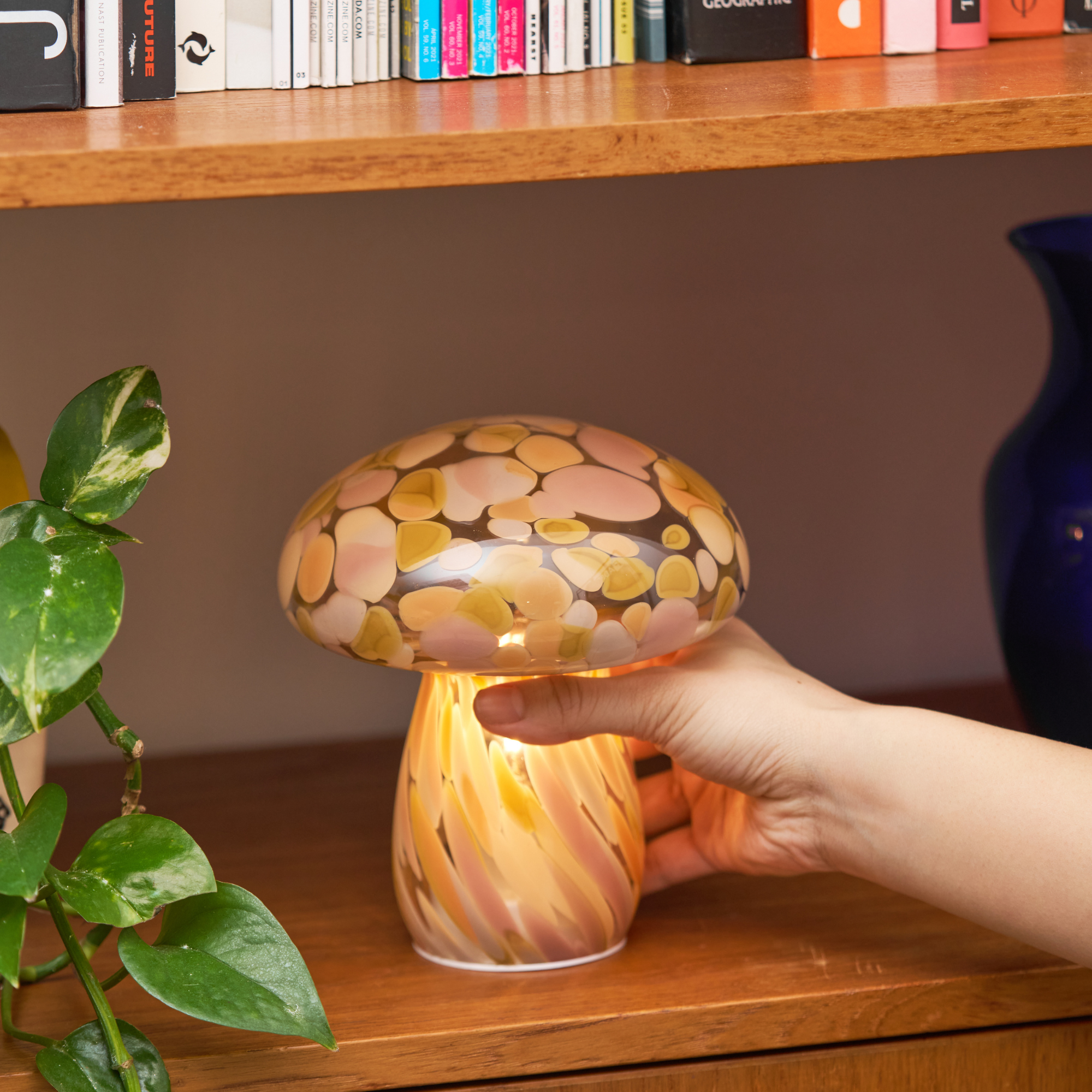 Portable Tall Close Top Glass Mushroom Lamp, Pink Moon