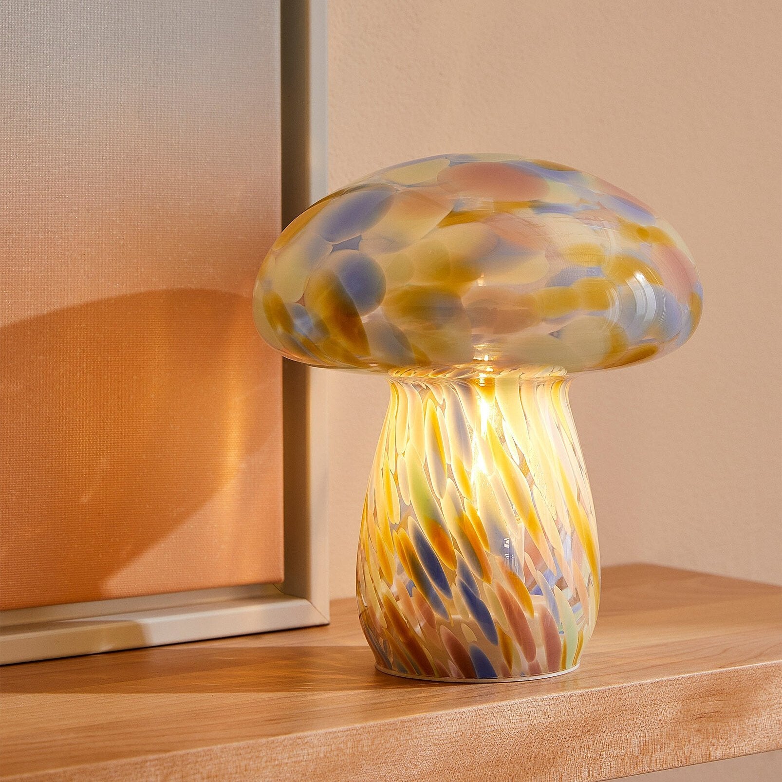 Portable Tall Close Top Glass Mushroom Lamp, Kaleidoscope